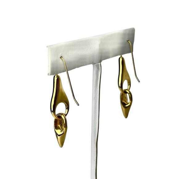 Dangle Earrings Gold Tone Post Double Drop Polished Shiny Pierced Hook Artistic - Picture 2 of 7